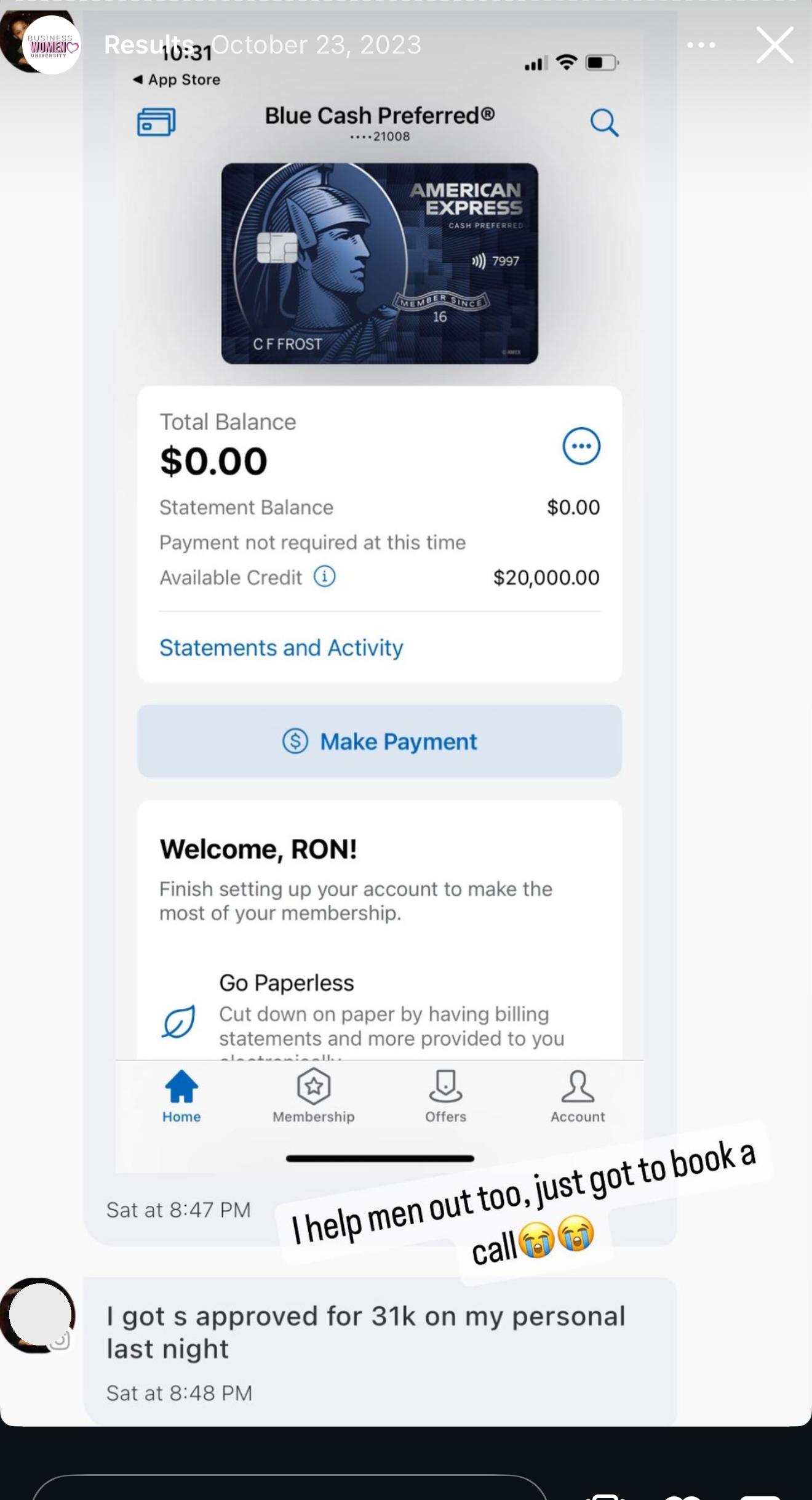 American Express approved for $20,000 available credit