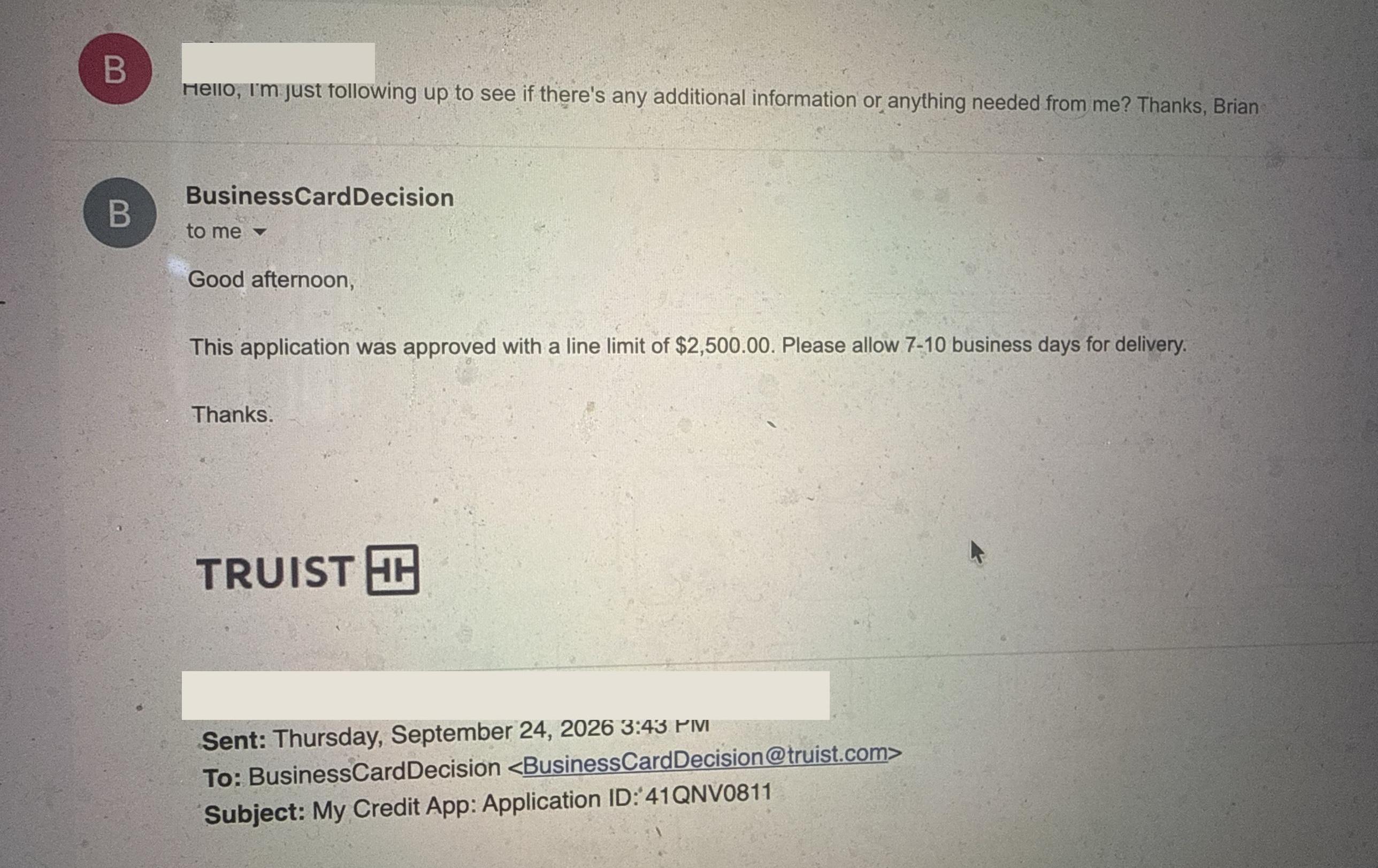 Truist business credit card approved for $2,500 line limit