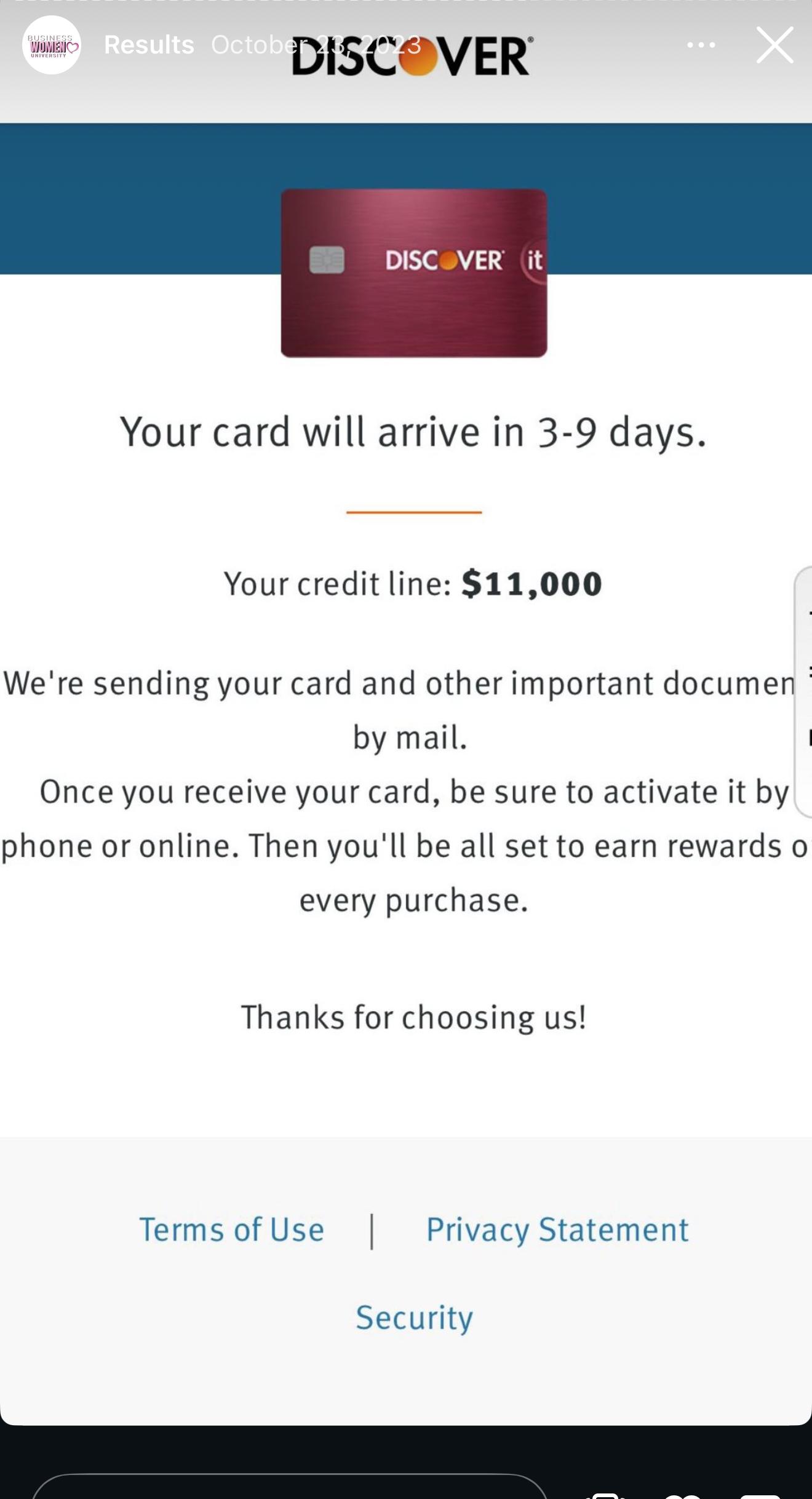 Discover it credit card approved for $11,000